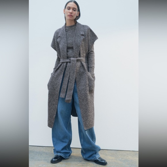 Zara 100% Wool flecked belted coat vest - Picture 2 of 14